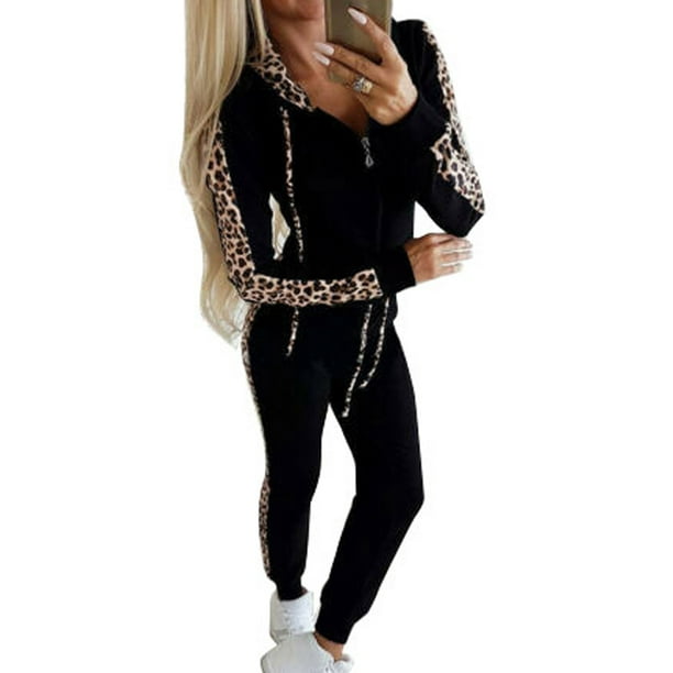 Womens 2PCS Leopard Print Tracksuit Hoodies Pants Sets Ladies Sport Lounge Wear